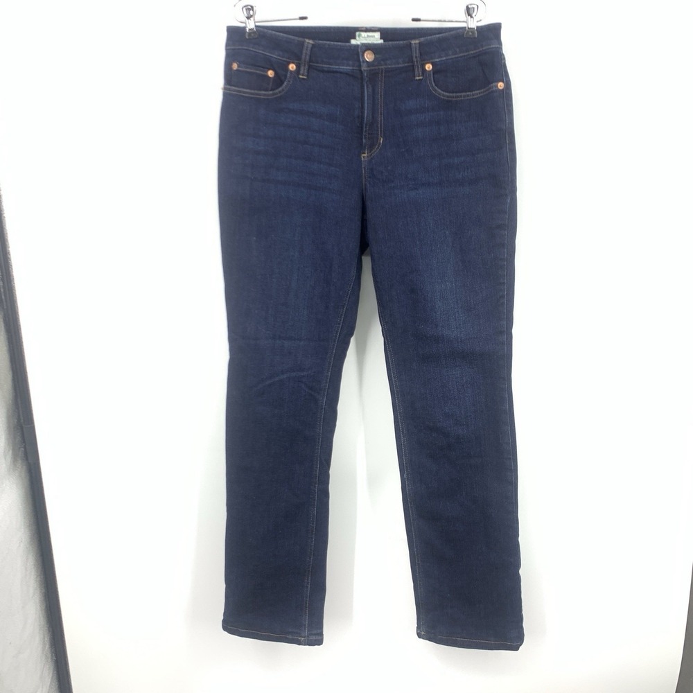 LL Bean Women Size 14 M/T Jeans Dark Wash Straight Leg Pants Flex Stretch Lined
